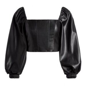 $295 ALICE + OLIVIA Bronte Faux Leather Bardot Top Sz M Black